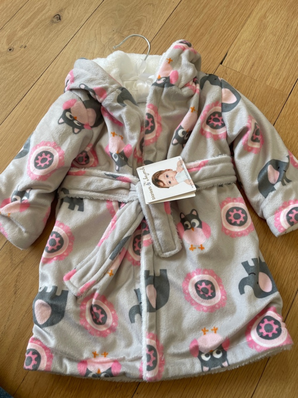 Girls' Plush Hooded Owl Robe - Grey & Pink